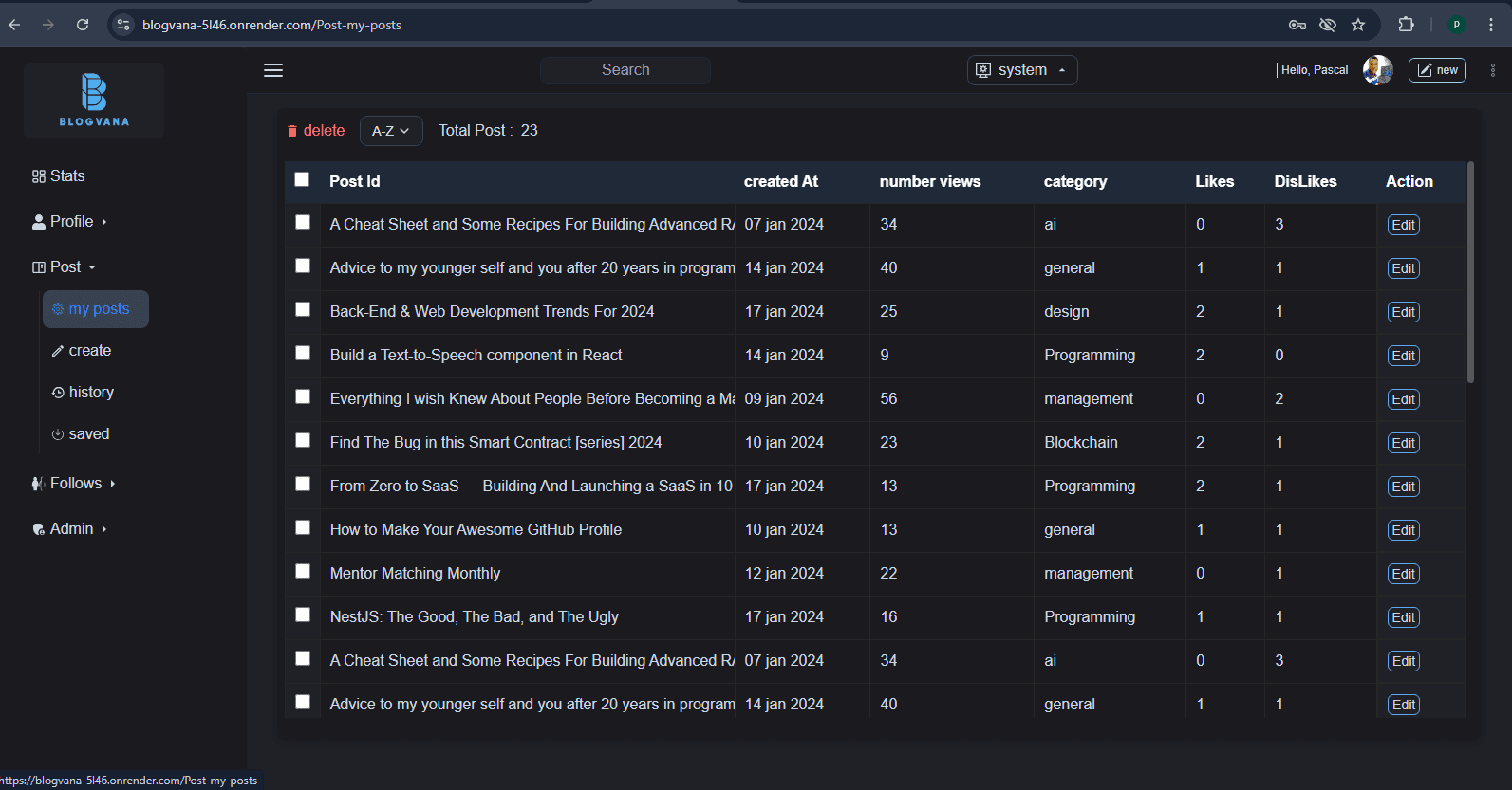 Blogvana Dashboard